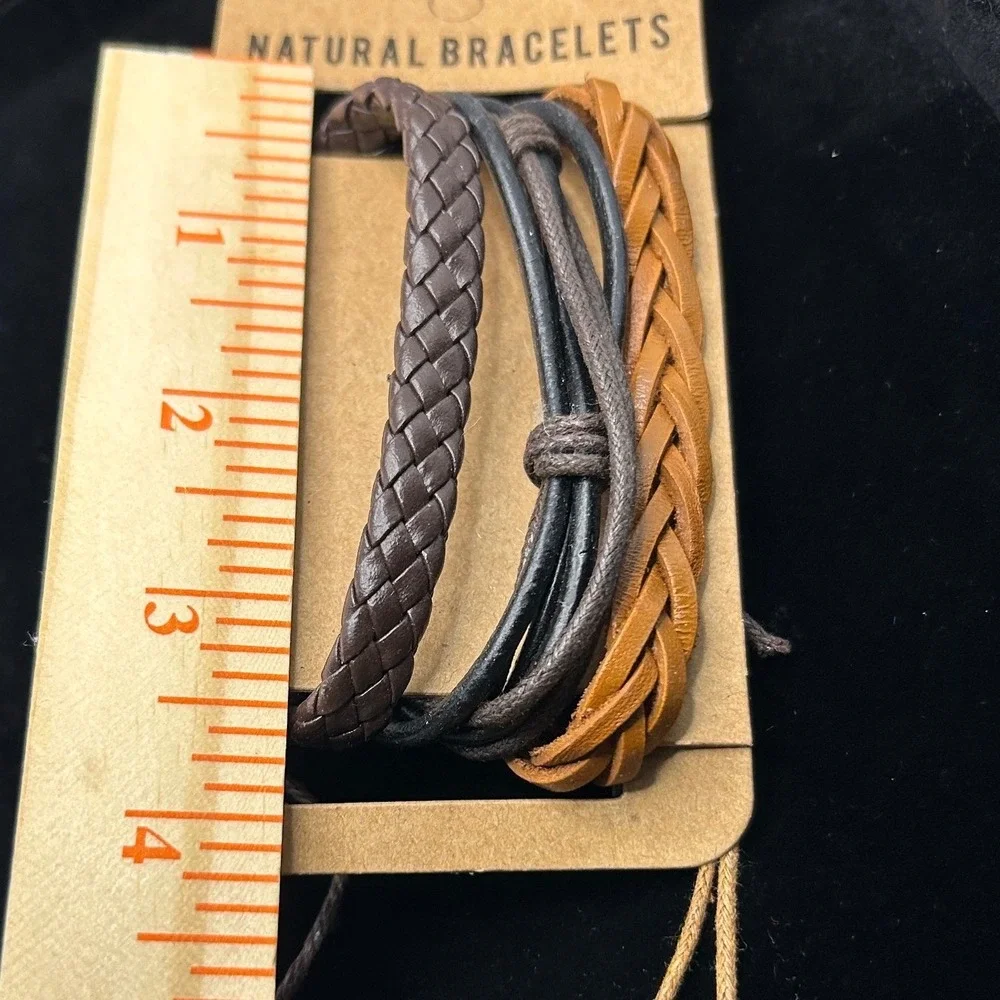 Natural Bracelets Unisex Brown Braided Faux Leather‎ Adjustable Rustic 3pc Set